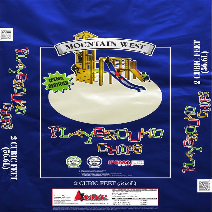 Mountain West Playground Chips, 2 cubic feet (56.6L) bag, IPEMA Certified playground mulch.
