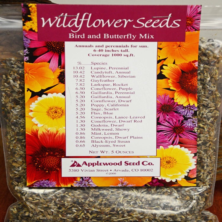 Applewood Seed Co. Bird & Butterfly Wildflower Seed Mix: 5 oz, 1000 sq ft coverage, annuals & perennials for sun.
