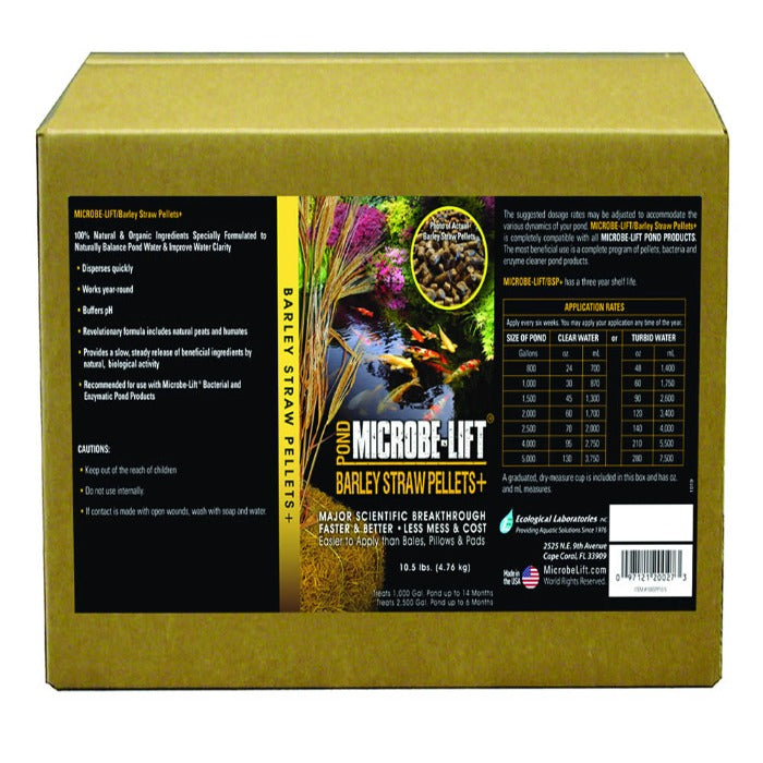 Microbe-Lift Barley Straw Pellets Plus: 10.5 lbs, treats 1000-2500 gal ponds, improves water clarity, disperses quickly, buffers pH,  natural ingredients.
