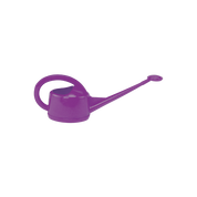 Purple plastic watering can, two-liter capacity, ideal for garden use.
