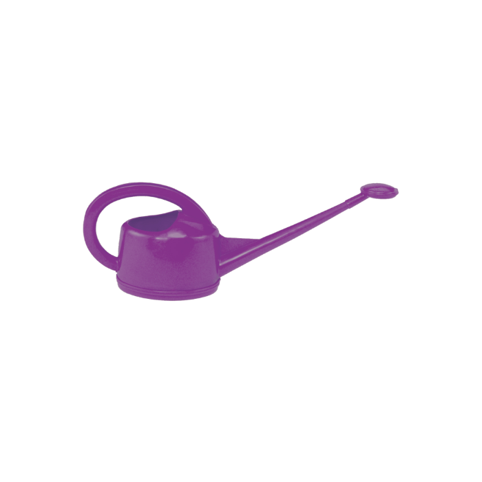 Purple plastic watering can, two-liter capacity, ideal for garden use.
