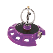 Purple metal spinning sprinkler with a chrome nozzle; garden irrigation.
