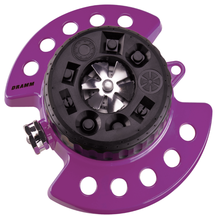 Purple metal turret sprinkler with nine spray patterns.
