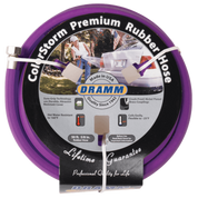 Purple 50-foot rubber hose coiled with product details, showing a person watering a car.
