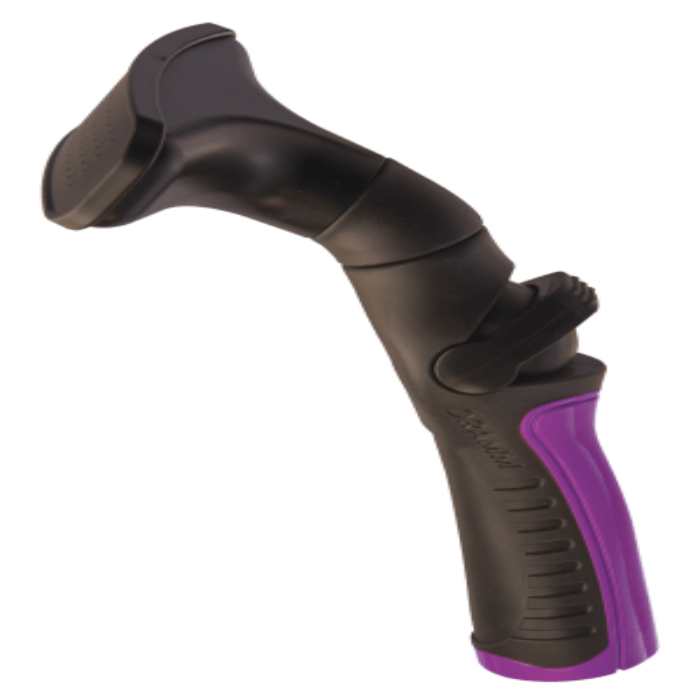 Black and purple plastic fan nozzle with ergonomic grip.
