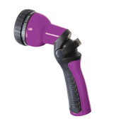Purple 9-pattern spray nozzle with ergonomic grip for comfortable watering.
