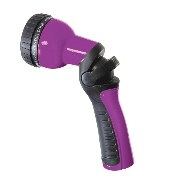 Purple 9-pattern spray nozzle with ergonomic grip for comfortable watering.
