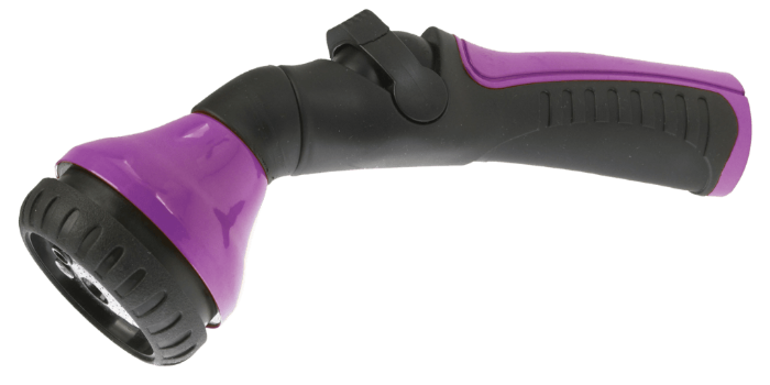Purple and black plastic garden sprayer with adjustable nozzle.
