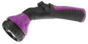 Purple and black plastic garden sprayer with adjustable nozzle.
