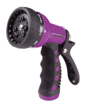 Purple and black 9-pattern spray nozzle with ergonomic grip, ideal for watering.
