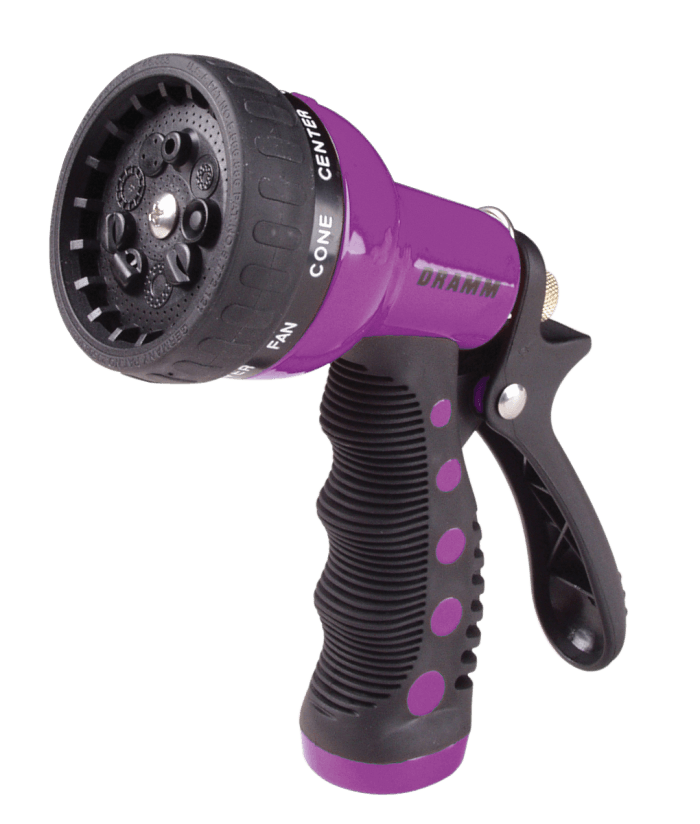 Purple and black 9-pattern spray nozzle with ergonomic grip, ideal for watering.
