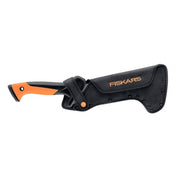 18-inch billhook with orange handle and black nylon sheath.
