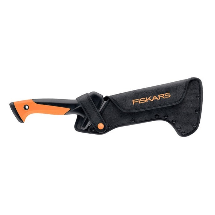 18-inch billhook with orange handle and black nylon sheath.
