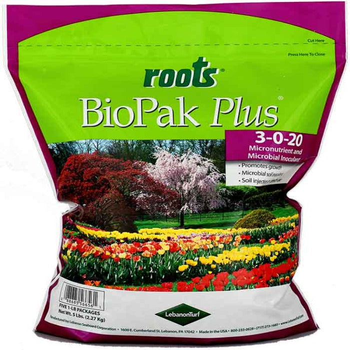 ROOTS BioPak Plus 3-0-20 Micronutrient & Microbial Inoculant: 5 lbs bag promotes growth & soil health.
