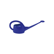 Deep blue plastic watering can, two-liter capacity, ideal for gardening.
