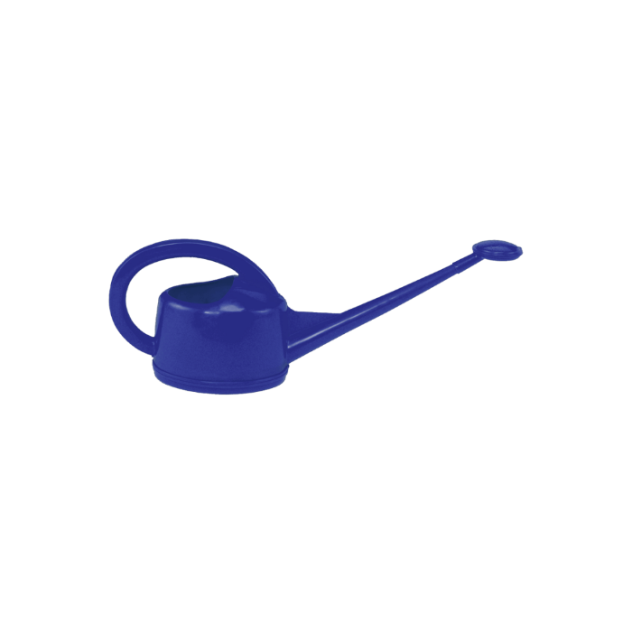 Deep blue plastic watering can, two-liter capacity, ideal for gardening.
