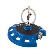 Blue metal spinning sprinkler with a chrome nozzle, ideal for lawn watering.
