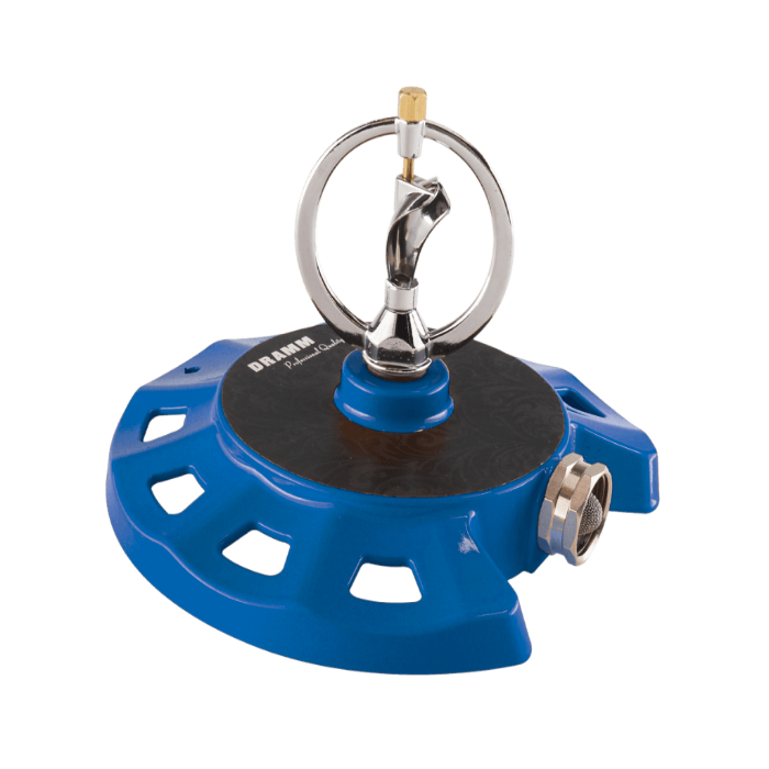 Blue metal spinning sprinkler with a chrome nozzle, ideal for lawn watering.
