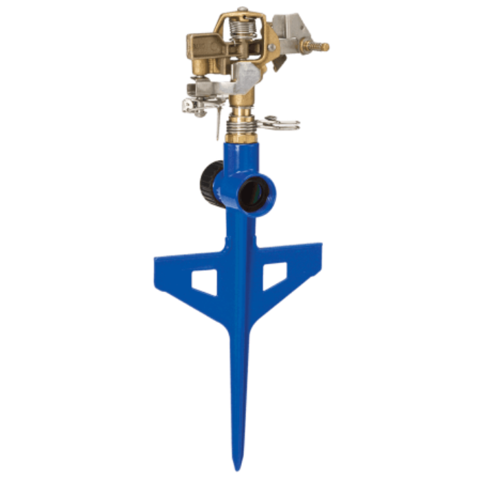 Blue plastic and brass circular sprinkler head on a pointed stake for efficient lawn watering.
