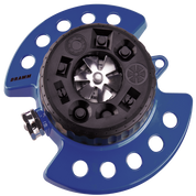 Blue metal turret sprinkler with nine adjustable spray patterns.

