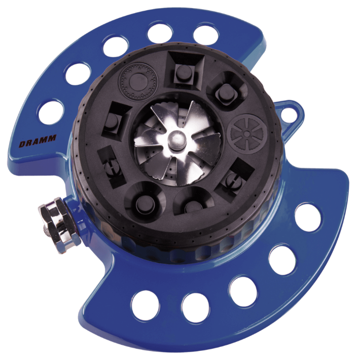 Blue metal turret sprinkler with nine adjustable spray patterns.
