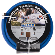 50-foot blue rubber hose, packaged, showing features like crush-proof couplings and hot water resistance.
