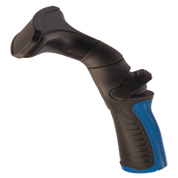 Black and blue plastic fan nozzle for watering, ergonomic handle.
