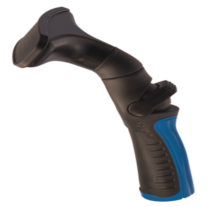 Black and blue plastic fan nozzle for watering, ergonomic handle.
