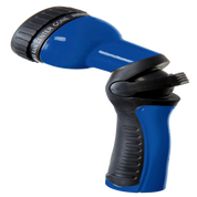 Blue and black plastic garden hose spray nozzle with nine spray patterns.
