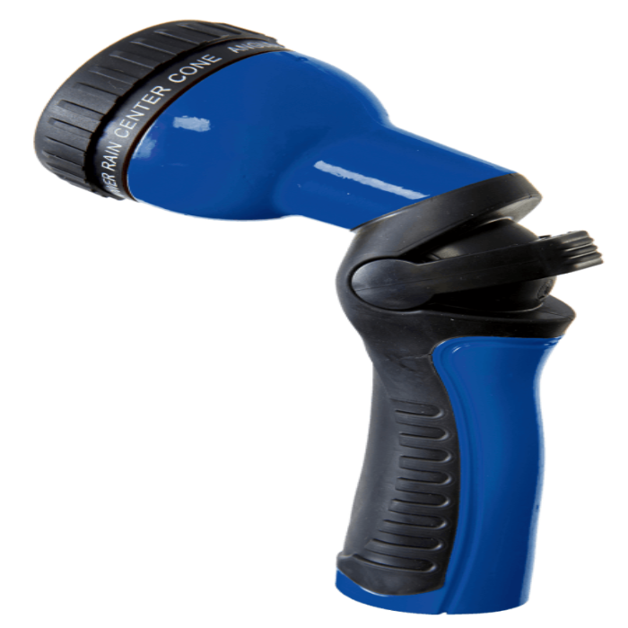 Blue and black plastic garden hose spray nozzle with nine spray patterns.
