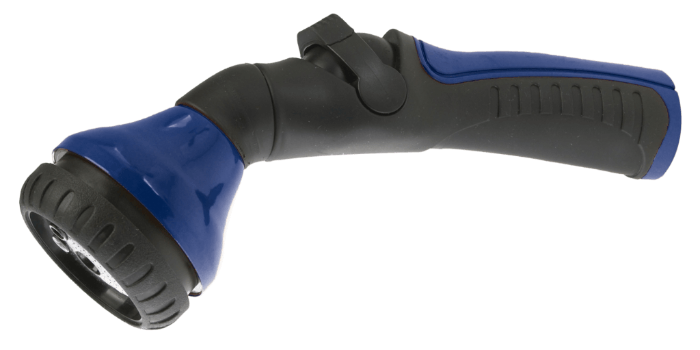 Blue and black plastic garden nozzle with adjustable spray settings.
