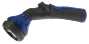 Blue and black plastic garden nozzle with adjustable spray settings.

