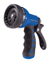 Blue and black 9-pattern spray nozzle with ergonomic grip, ideal for watering.
