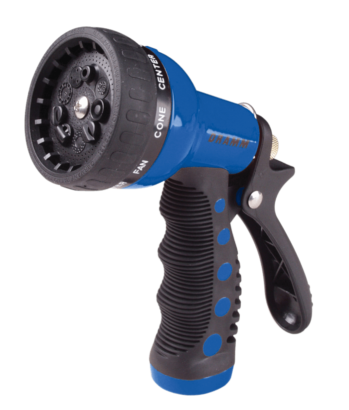 Blue and black 9-pattern spray nozzle with ergonomic grip, ideal for watering.
