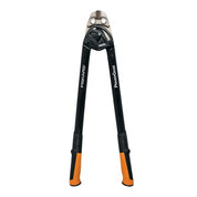 Black bolt cutters with orange handles, ideal for heavy-duty cutting tasks.
