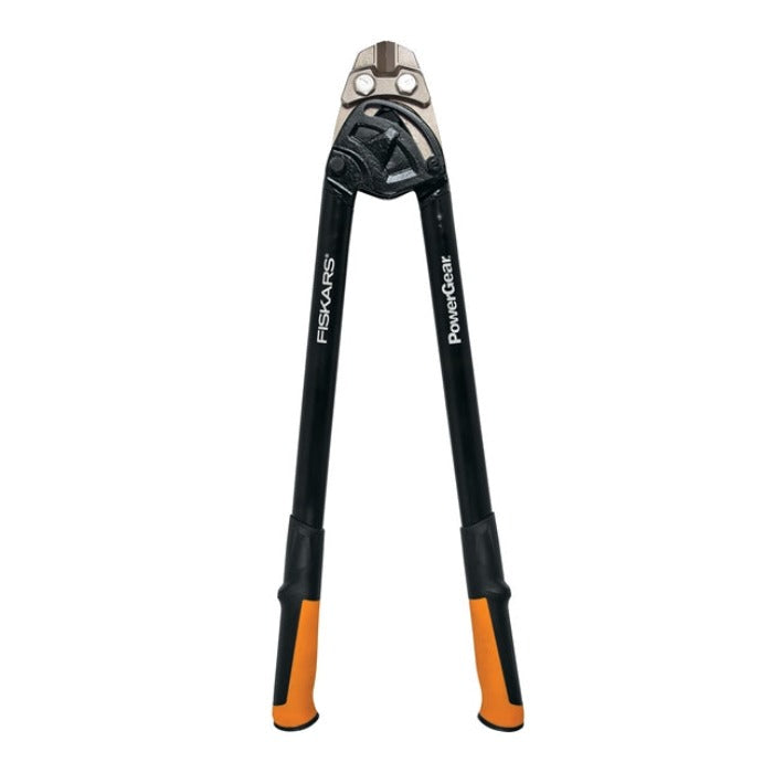 Black bolt cutters with orange handles, ideal for heavy-duty cutting tasks.
