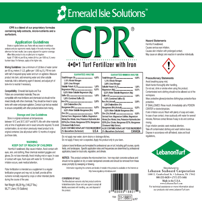 Turf fertilizer label detailing application, mixing, and safety guidelines; includes guaranteed analysis.
