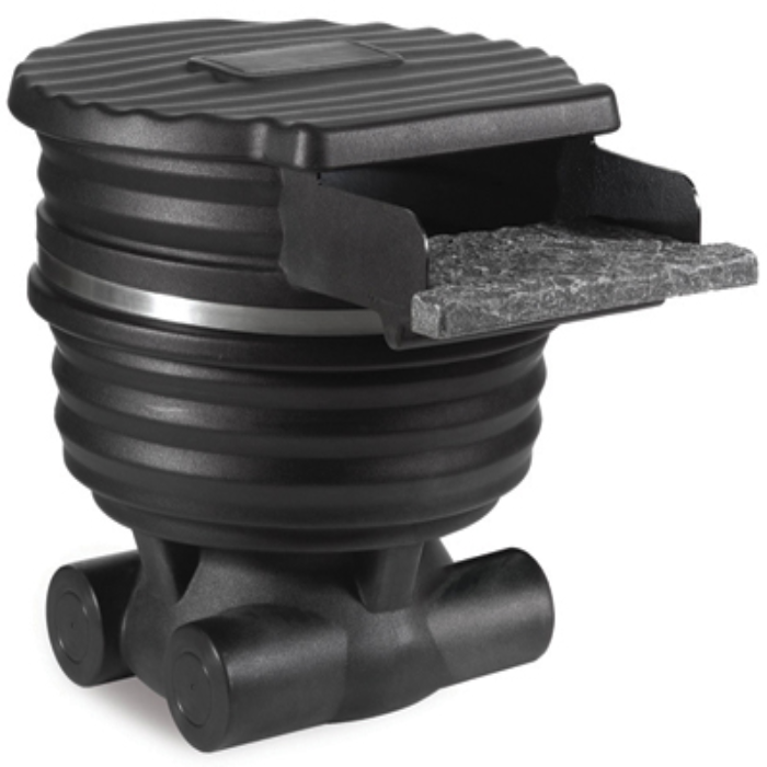 Filter Box: Black plastic pond filter with a granite-like filter pad, featuring a ribbed lid and easy-install design.
