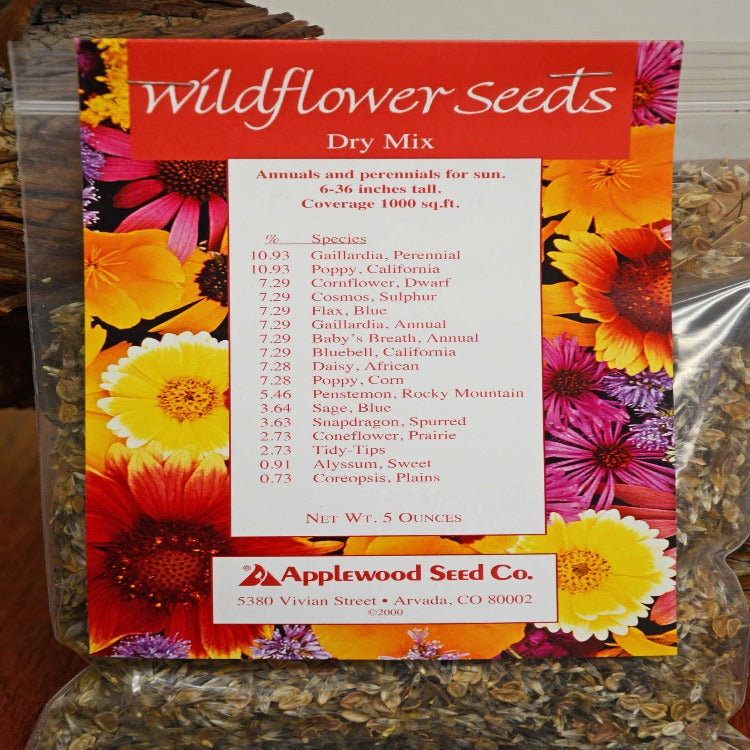 Applewood Seed Co. Dry Grow Wild 5 oz wildflower seed mix: annuals & perennials for sun, 6-36" tall, covers 1000 sq ft.
