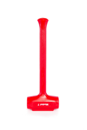 Bright red plastic deadblow hammer on a dark background.
