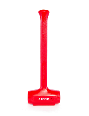Bright red plastic deadblow hammer on a dark background.
