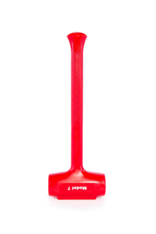 Bright red plastic deadblow hammer on a dark background.
