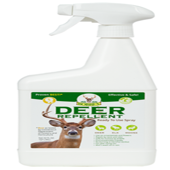 Ready-to-use deer repellent spray bottle with a picture of a deer on the label.
