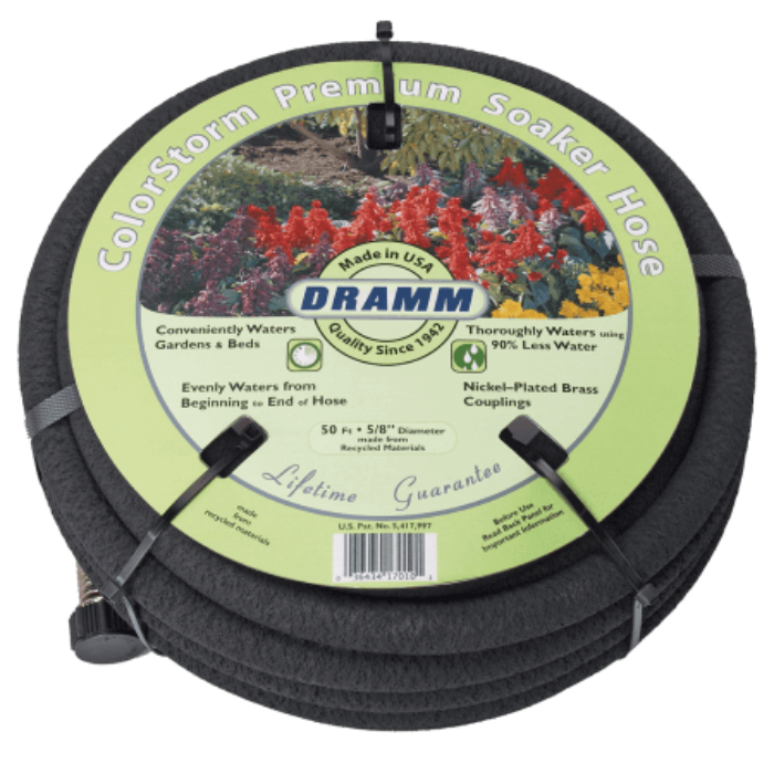 Dramm ColorStorm 50ft Soaker Hose: Even water distribution, 90% less water use, nickel-plated brass couplings, lifetime guarantee.
