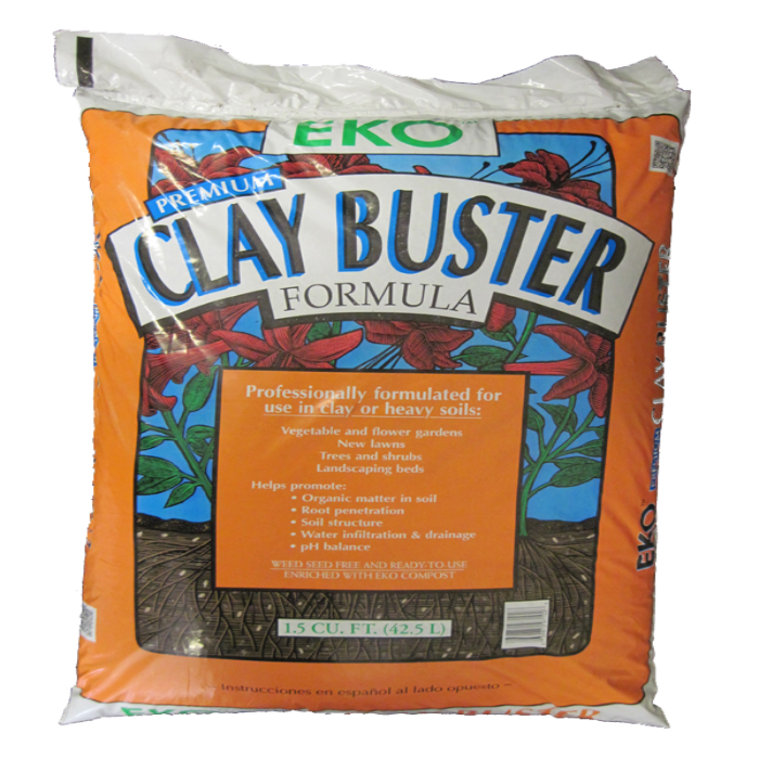 EKO Clay Buster Formula: 1.5 cu ft bag improves soil structure, drainage & root penetration in clay or heavy soils.  Enriched with EKO compost.
