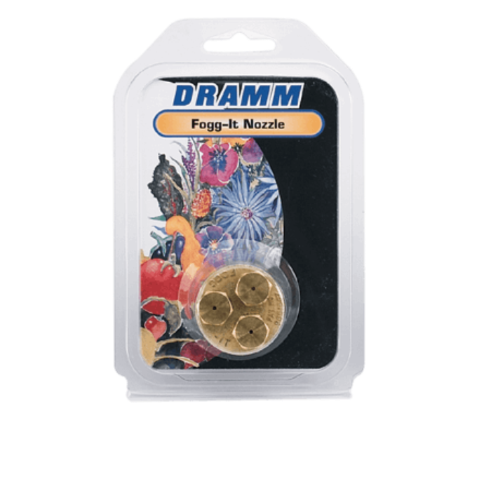 Brass Fogg-It nozzle in plastic packaging with floral design.
