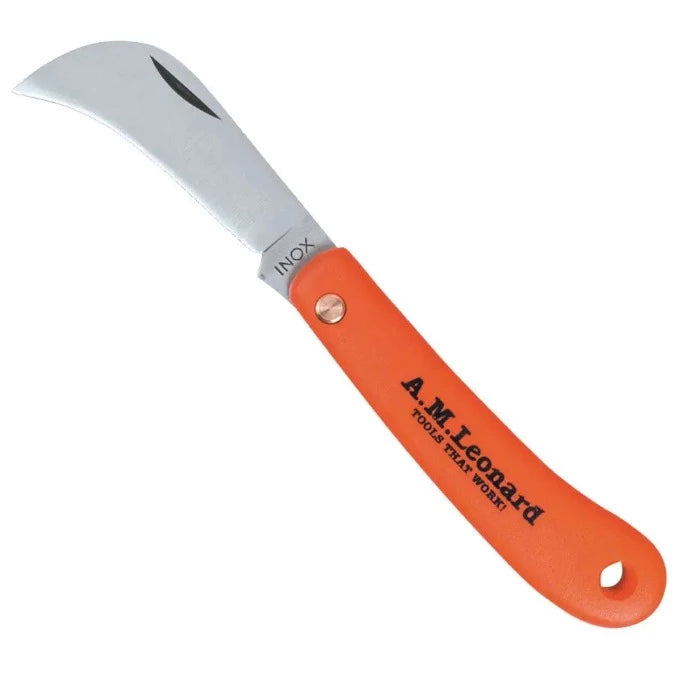 A.M. Leonard Folding Pruning Knife: Stainless steel blade, orange handle, ideal for gardening and pruning.
