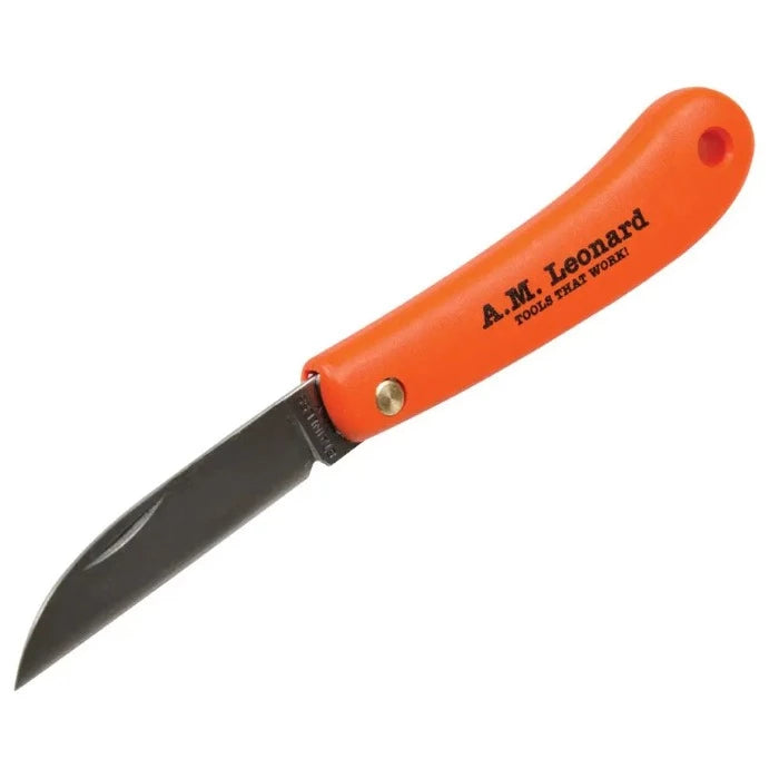 A.M. Leonard Folding Grafting Knife, orange handle, black blade, tools that work.
