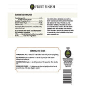 Fruit Finish fertilizer label: guaranteed analysis & application instructions.
