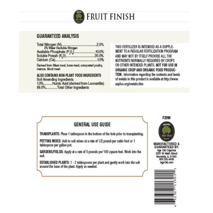 Fruit Finish fertilizer label: guaranteed analysis & application instructions.
